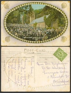 Isle of Man 1912 Old Embossed Postcard Sunday Service KirkBraddan Church, Shells - Picture 1 of 1