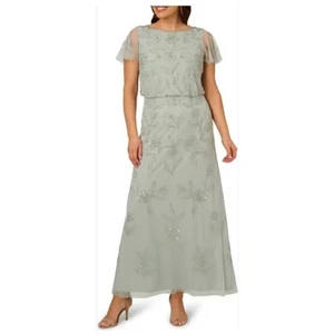 Neu mit Etikett Adrianna Papell Aqua Dust kurzärmliges Blouson Perlen Mixi Kleid Damen 0 - Bild 1 von 12