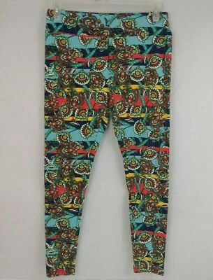 Leggings Lularoe Altos y Curvilíneos Azul, Azul Lt, Amarillo y Rojo Rayas Diseño Floral Foto 1 de 4