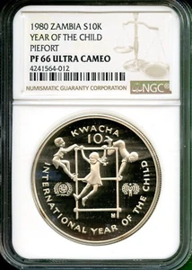 ZAMBIA 1980 YEAR OF CHILD  PROOF  PIEFORT   $ 10 K   NGC 66 UC  VERY RARE - Picture 1 of 1