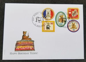 [SJ] Switzerland Happy Birthday Teddy Bear 2002 (FDC) *odd shape *unusual - Picture 1 of 5
