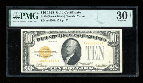DBR 1928 $10 Gold Certificate Fr. 2400 PMG 30 EPQ Serial A44561415A Cover