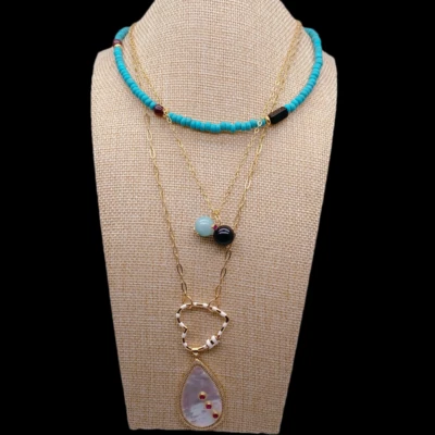 3 Strands Blue Turquoise Chain Necklace Big White Sea Shell Teardrop Pendant - Image 1 of 4