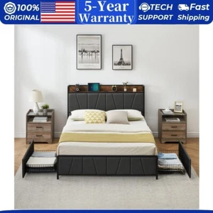 King Size Bed Frame with 2 Storage Drawers and Charging Station Upholstered NEW - Picture 1 of 10