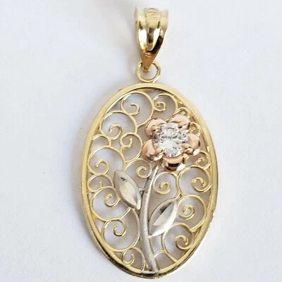 14k gold flower pendant charm 1.20 inches long oval yellow white and rose gold - Image 1 of 4