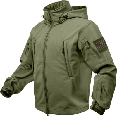 Olive Drab Special Ops Soft Shell Waterproof Military Jacket w/ US Flag Patches - Image 1 of 4