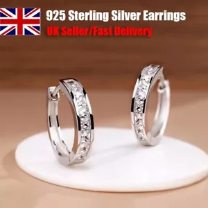 925 Sterling Silver Huggie Hoop Clip Stone Earrings Womens Girls Jewellery Gift - Picture 1 of 6