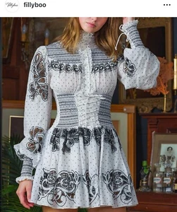 Fillyboo Gazebo Toile Lantern Sleeve Cut Work Mini Dress Size S - Picture 1 of 13