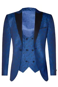 Herren blau Smoking Blazer Weste Brokat schwarz Satin Paisley Dinnerjacke - Bild 1 von 5