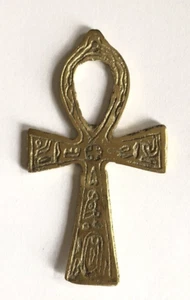 Egyptian Brass Plate Metal Ankh Key of Life Hieroglyphic Pendant 3.75" Vintage 1 - Picture 1 of 7