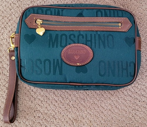 CHANEL AUTENTICA BORSA A FRIZIONE MOSCHINO IN TELA E PELLE CON POLSO USATA VERDE