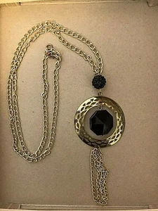 Jewelry Necklace Black Stone Pendant Gold Color Chain - Picture 1 of 4