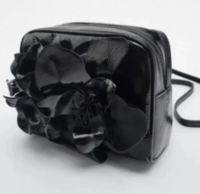 GORGEOUS BRAND NEW ZARA FLORAL REAL LEATHER BLACK SHOULDER BAG - Image 1 of 4