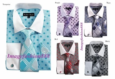 Men's Fashion French cuff Dress shirt with Tie & Hanky  FL632 - Image 1 of 4