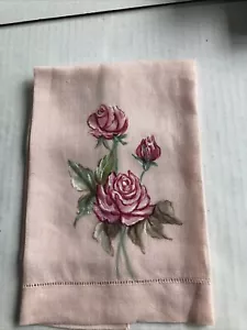 Handkerchief Hankie Pink Pure Linen Thread Drawn By Hand With Hand Painted Roses - Picture 1 of 3