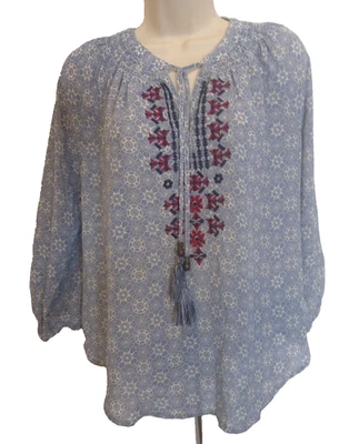 Jolt Women's Medium Blue White & Red Embroidery Tunic Prairie Tassle Blouse - Image 1 of 4