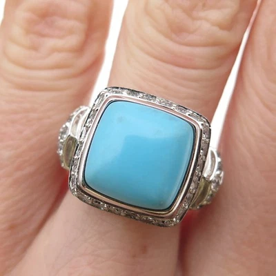 925 Sterling Silver Real Turquoise & Round-Cut C Z Ring Size 8 - Image 1 of 4