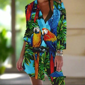 1.Women's Parrot 3D Print Blouse – Long Sleeve Mid-Length Shirt with Pockets - Picture 1 of 34