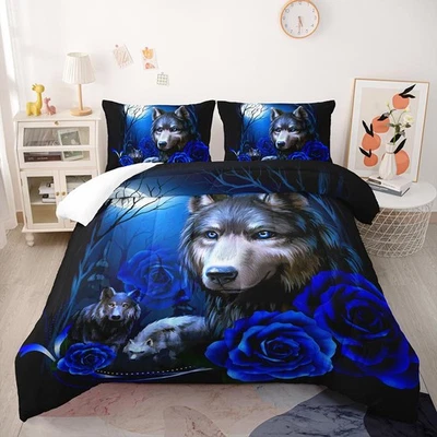 Juego de edredón Wolf tamaño king, juego de cama suave rosas azules con 2 fundas de almohada,... Foto 1 de 4