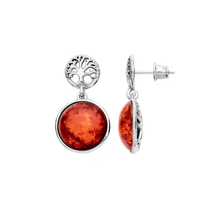 925 Sterling Silver Natural Baltic Amber Tree of Life Drop Ladies Earrings - Picture 1 of 6