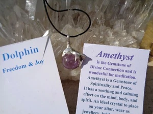 Amethyst Sphere  2 Swimming Dolphins Sterling Silver Pendant-FREEDOM & JOY! - Picture 1 of 8