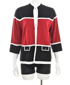 NEW Kasper Womens Sweater Size L Black Red White Cardigan 3/4 Sleeve Cotton - Picture 1 of 7