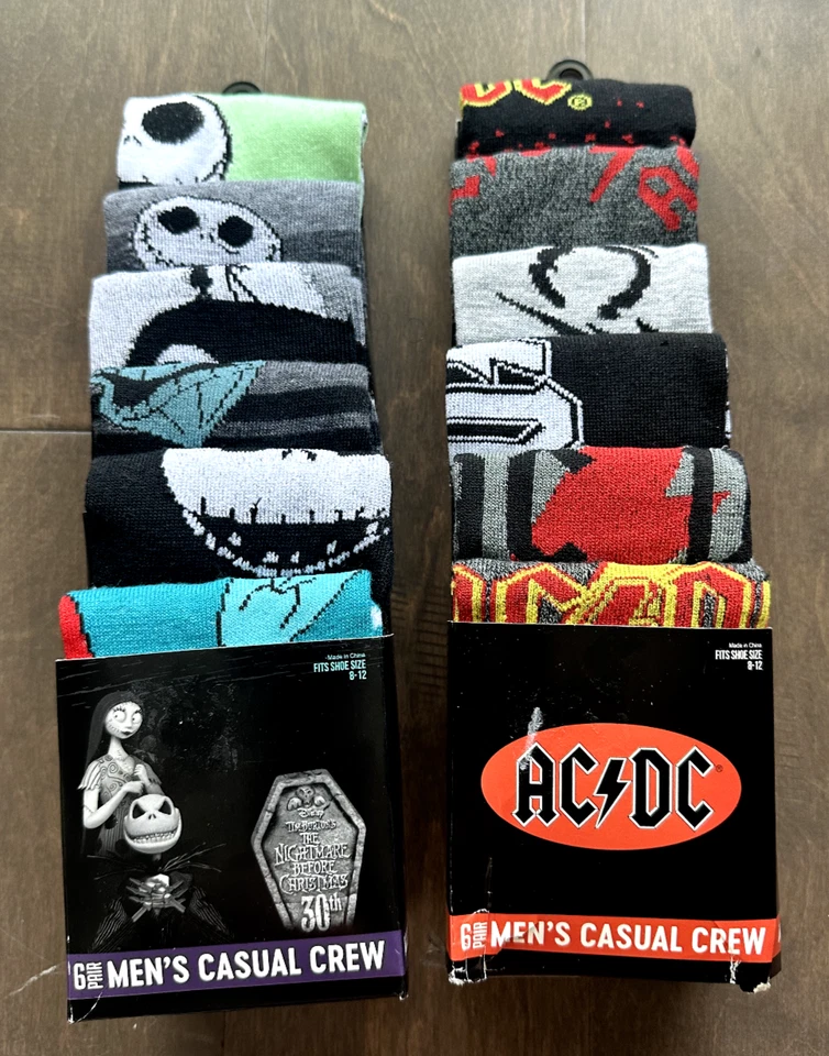 12 Pairs Men's Socks Casual Crew AC/DC Nightmare Before Christmas Shoe Size 8-12 - Image 1 of 4