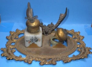 ANTIQUE DEER ELK or INKWELL SET 8" wide STAMPED BRASS FOR PARTS 1 INKWELL 1 LID - Picture 1 of 14
