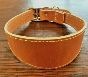  GREYHOUND/LURCHER *LEATHER*MID BROWN/TAN RICH YELLOW STITCH DOG COLLAR 13"-17" - Picture 1 of 3