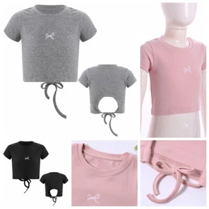 Kids Girls Shirts Holiday T-shirt Stage Tops Cutout Back Crop Top Exercise Gym - Picture 1 of 42