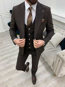 3 Pcs Men's Dark Brown Suits Double Breasted Shawl Notch Jacket Vest and Pants