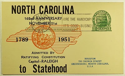 1951 North Carolina 162nd Statehood Anniversary Postal Stationery Card - Image 1 of 2
