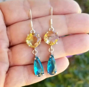 Sterling Silver Aquamarine & Citrine Earrings, Yellow & Blue Earrings Birthstone - Picture 1 of 5