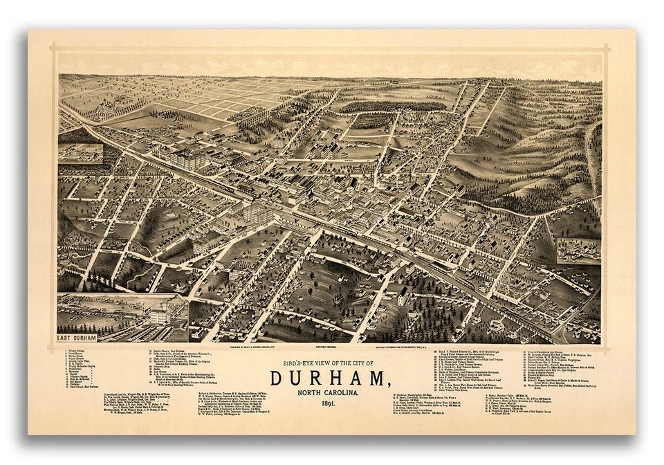 Bird's Eye View 1891 Durham North Carolina Vintage Style City Map - 16x24