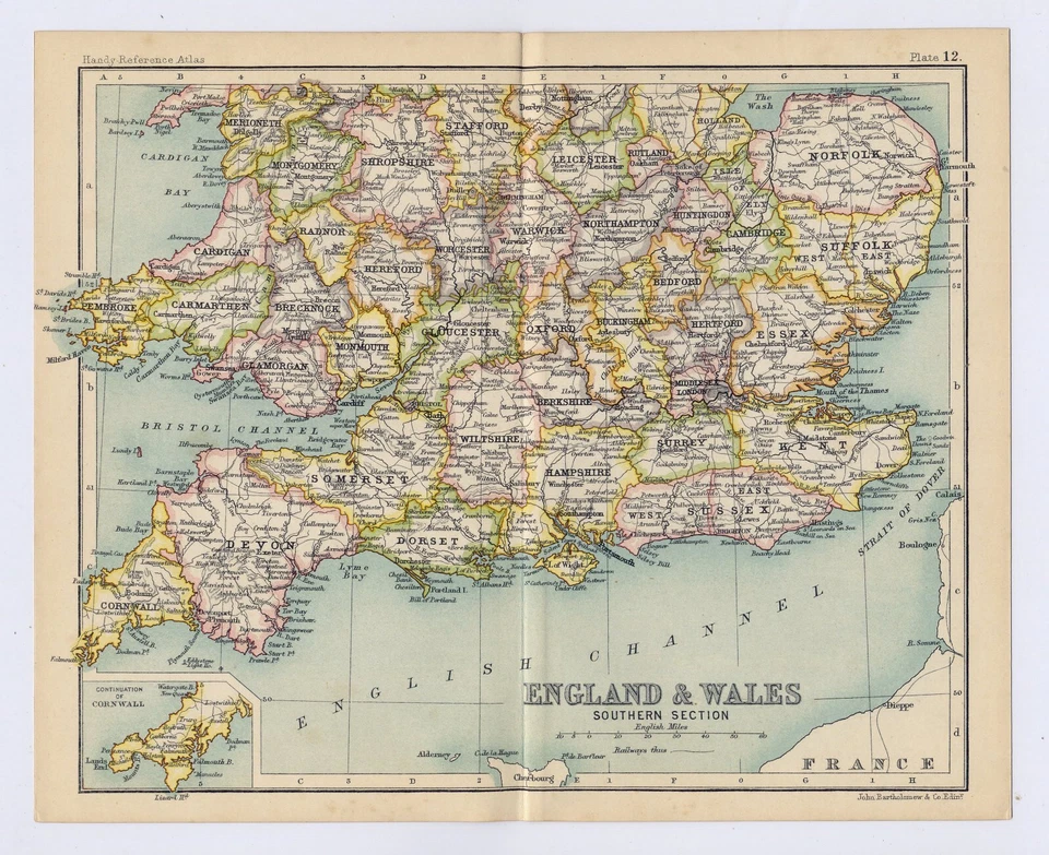 MAPA ANTIGUO 1912 DEL SUR DE INGLATERRA LONDRES GALES CORNWALL SOUTHAMPTON PLYMOUTH Foto 1 de 4