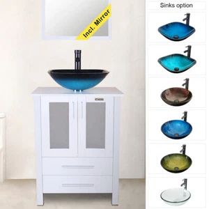 24" Modern Bathroom Vanity Cabinet W/Tempered Glass Vessel Sink Single No Mirror - Picture 1 of 15