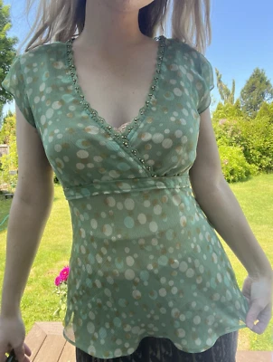 Y2K New York & Company Green Short Sleeve Beaded V-neck Fairy Sheer Whimsical M - Image 1 of 4