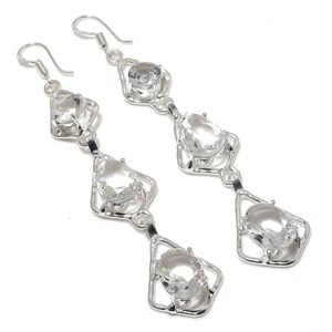 White Topaz Gemstone Handmade 925 Sterling Silver Jewelry Earring Size 3" - Picture 1 of 1