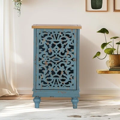 Mesita de noche floral tallada con acento envejecido de una sola puerta gabinete de alta resistencia Foto 1 de 3