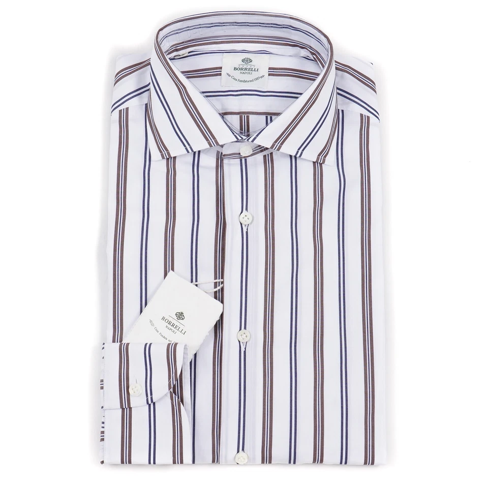 Luigi Borrelli 那不勒斯蓝色和棕色条纹棉质正装衬衫 15.5 (Eu 39) 全新带标签 — 第 1/4 张图片