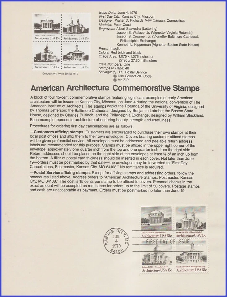 USA2 #1779-82 U/A SOUVENIR PAGE FDC BL4  American Architecture - Image 1 of 1