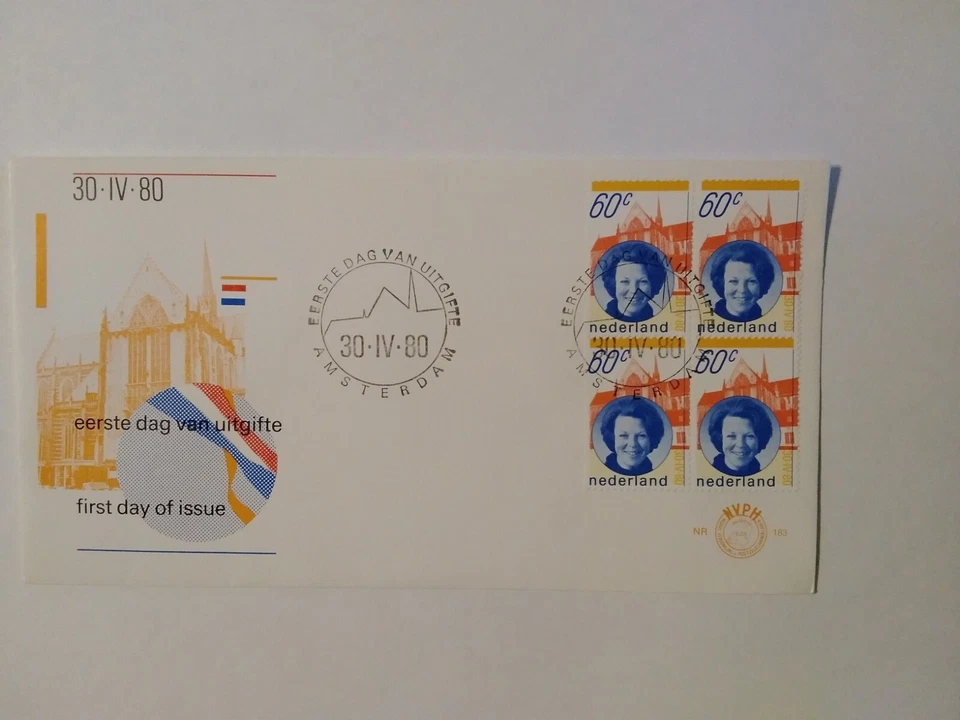 NETHERLANDS QUEEN BEATRIX FDC 60c BLK OF 4 SCOTT #599a - Image 1 of 1
