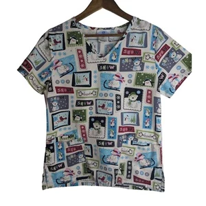 SB Scrubs Winter-Themed Printed Medical Scrub Top Sz S 100% Cotton Pockets - Picture 1 of 7