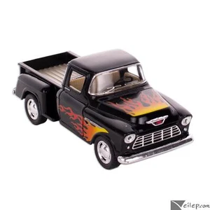 Camioneta pickup Chevy Stepside 1955 con llamas modelo fundido a presión de 5 pulgadas, negra - Imagen 1 de 19