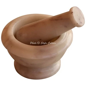 Indian Mortar Pestle Set White Round Kitchen Marble Natural Salt Pepper Grinder - Picture 1 of 3