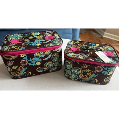 Juego de 2 Bolsas de Cosméticos de Maquillaje Organizador Marrón Floral Rosa Cremallera Viaje Foto 1 de 4