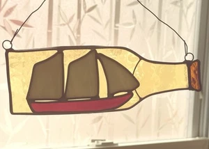 Vintage Stained Glass Lead SunCatcher Window Sail Boat Sailboat in Bottle 7” - Picture 1 of 5