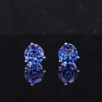 2CT Solitaire Lab Created Round Tanzanite Stud Earring 14K White Gold Plated - Image 1 of 3