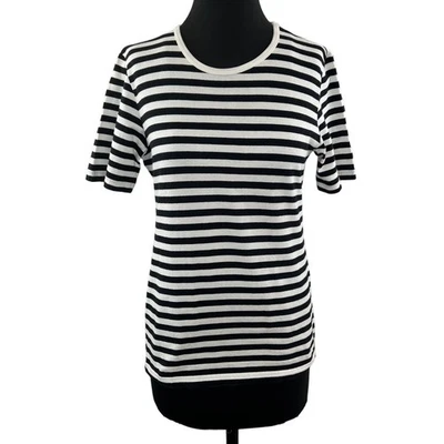 Top Vintage MARIMEKKO Finlandia Blanco Negro Algodón Rayas Crew Talla Grande L RARO Foto 1 de 4