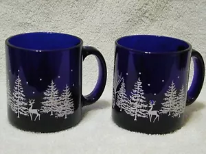 2 Vintage Libbey Cobalt Blue Glass Mug Cups Reindeer Pine Trees - Picture 1 of 5